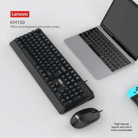 Lenovo KM150 Kablolu Klavye Mouse Seti - Q Türkçe, Yüksek Tuş Yapısı, Siyah