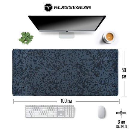 Klasse Pro - 4 Farklı Model Dikişli Kenar 100x50 cm Oyuncu Gaming Mouse Pad (Dark Grey Map Lines)