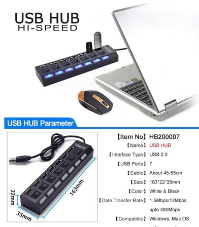 Lunatic 7448 7 Port Usb Hub Switch 40 Cm Çoklayıcı Çoğaltıcı USB 2.0-480 Mbit/sn veri aktarım hızı