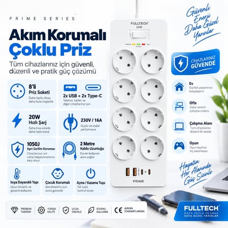 Termal Akım Korumalı, 8'li Priz Soketi, Isıya Dayanıklı Yapı, 8x Priz, 2x Usb, 2x Type-C Girişi