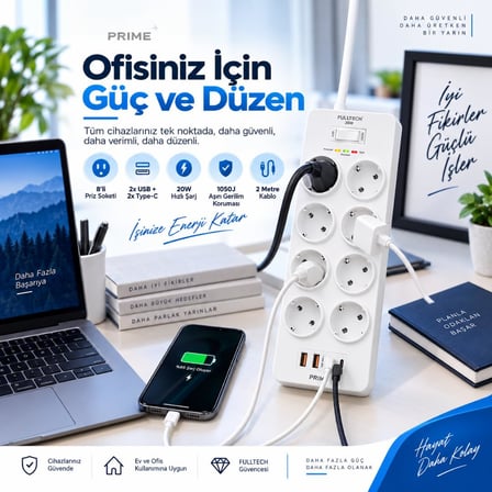 Termal Akım Korumalı, 8'li Priz Soketi, Isıya Dayanıklı Yapı, 8x Priz, 2x Usb, 2x Type-C Girişi