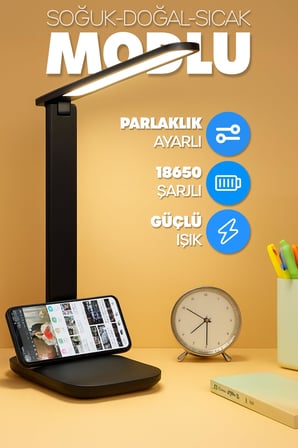 Şarjlı Masa Lambası 3 Renk Dokunmatik Telefon Standlı Kademeli Çalışma Okuma Işığı Lambası 9W