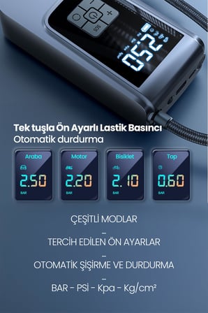 150Psi Şarjlı Araç Oto Kompresörü Powerbank LED Işıklı Lastik Top Yatak Şişirme Pompası 6000mAh 9624