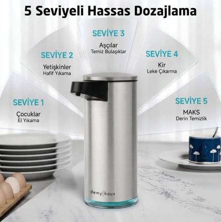 Demy Haus SensePro Sensörlü Otomatik Sıvı Sabunluk | Şarjlı Paslanmaz Çelik | 380ml 5 Kademeli Dozaj