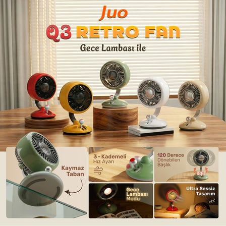 Juo Q3 120° Salınımlı 3 Kademeli LED Işıklı Şarjlı Masaüstü Fan Vantilatör Retro Yeşil