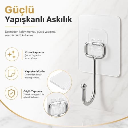 Alper Banyo Yapışkanlı Askılık Krom Kaplama, Delmeden Montajlı Banyo ve Mutfak Askısı
