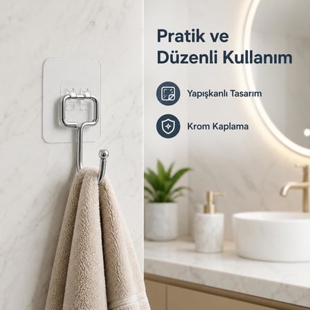 Alper Banyo Yapışkanlı Askılık Krom Kaplama, Delmeden Montajlı Banyo ve Mutfak Askısı