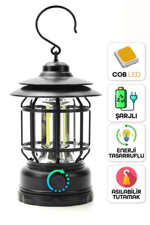 LED Şarjlı Kamp Lambası Işık Dimmer Ayarlı Askılı Portatif Işıldak El Feneri Gece Lamba PR20 (Siyah)