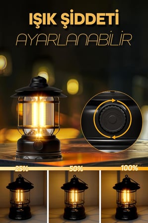 LED Şarjlı Kamp Lambası Işık Dimmer Ayarlı Askılı Portatif Işıldak El Feneri Gece Lamba PR20 (Siyah)