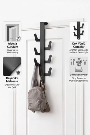 Orret Home Amerikan Kapı Arkası Askı 6 Kancalı Kaktüs Model Metal Askılık Siyah Kapı Üstü Askı