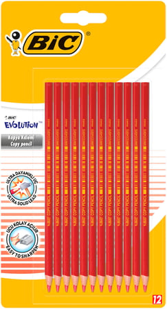 BIC Evolution Kırmızı Kopya Kalemi 12'li Blister,Kıymık Oluşturmaz, Çiğnemeye Karşı Dayanıklı