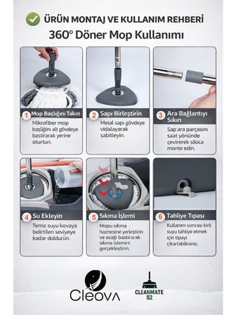Cleova Cleanmate S2 Pedallı Mop Temizlik Seti Tekerlekli Kova Çıkarılabilir Çelik Sepet