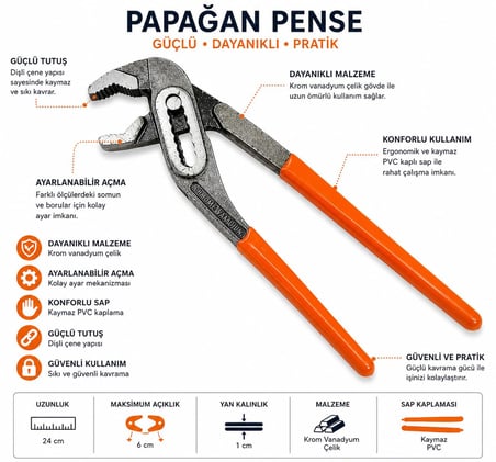Orret Home 24 cm Papağan Pense Ayarlı Pense Kargaburun Boru Anahtarı Çok Amaçlı Ayarlanabilir