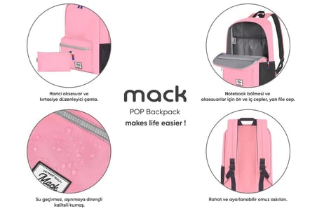 Mack POP MCK-005 Kadınlar Erkekler için Sırt Çantası, Su geçirmez Okul Çantası
