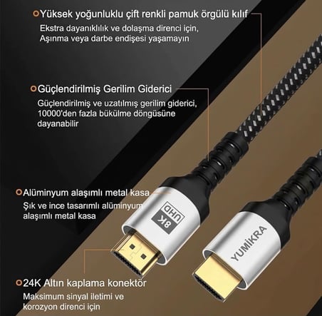 YUMIKRA Ultra Sertifikalı HDMI 2.1 Kablo, 8K@60Hz, 4K@240Hz, 48 Gbit/s, HDMI Sertifikalı - 1.5 Metre