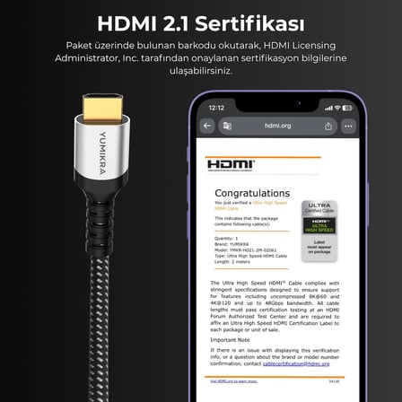 YUMIKRA Ultra Sertifikalı HDMI 2.1 Kablo, 8K@60Hz, 4K@240Hz, 48 Gbit/s, HDMI Sertifikalı - 1.5 Metre