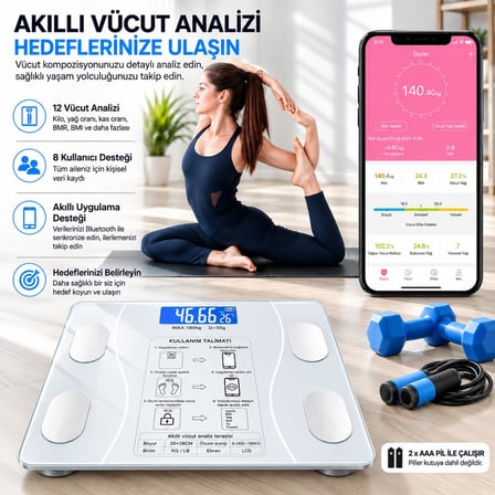 Healtcare DİJİTAL Baskül Bluetooth Vücut Analizi -Dijital Akıllı Tartı-Yağ Ölçer Tartı Akıllı