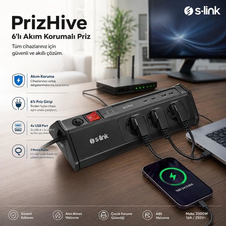 S-link PRZ03 PrizHive 3 Metre 630 Joule 3x1.5mm 2xUSB 2xType C 2.4A/5V 250V 16A/3860W 6 lı Akım ve