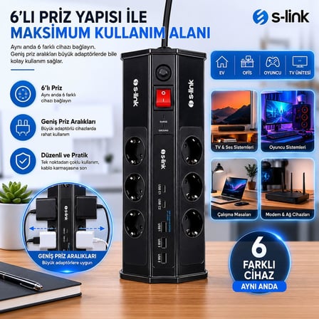 S-link PRZ03 PrizHive 3 Metre 630 Joule 3x1.5mm 2xUSB 2xType C 2.4A/5V 250V 16A/3860W 6 lı Akım ve