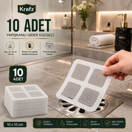 KRAFZ Gider Süzgeci 10’lu Set, Yapışkanlı Saç ve Kıl Tutucu Gider Kapağı