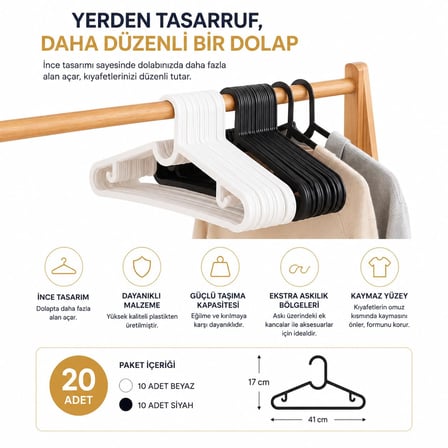 Krafz Home 20 Adet Dolap İçi Elbise Askısı,Pantolon,Gömlek,Ceket,Etek Askısı,Gardrop İçin Slim