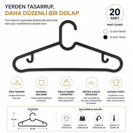 Krafz Home 20 Adet Dolap İçi Elbise Askısı,Pantolon,Gömlek,Ceket,Etek Askısı,Gardrop İçin Slim