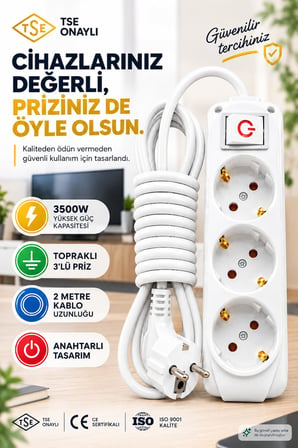 3’lü Priz 2 Metre Uzatma Kablosu Anahtarlı Topraklı 3500W | Işıklı Aç-Kapat Düğmeli Grup Priz