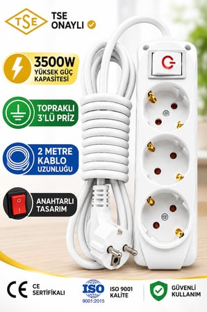3’lü Priz 2 Metre Uzatma Kablosu Anahtarlı Topraklı 3500W | Işıklı Aç-Kapat Düğmeli Grup Priz