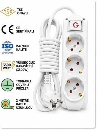 3’lü Priz 2 Metre Uzatma Kablosu Anahtarlı Topraklı 3500W | Işıklı Aç-Kapat Düğmeli Grup Priz