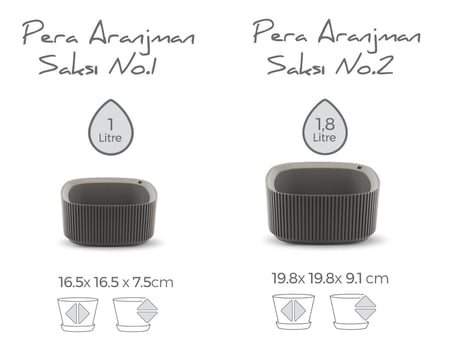 Pera Aranjman Saksı Seti 1 litre + 1,8 litre, İç Mekan - Dış Mekan 2li Ekonomik Set Antrasit Renk