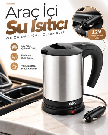 Lexroo Araçta Sıcak Su Hazırlamak İçin 12V Çakmak Girişli Paslanmaz Çelik Su Isıtıcı Kettle