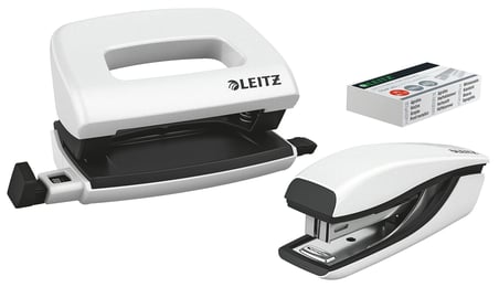 Leitz Nexxt mini delgeç ve zımba seti, 10 sayfaya kadar, P2 No. 10 zımba teli, inci beyazı, WOW