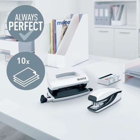 Leitz Nexxt mini delgeç ve zımba seti, 10 sayfaya kadar, P2 No. 10 zımba teli, inci beyazı, WOW