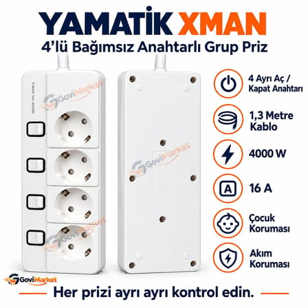 TechMore Yamatik XMAN 4'lü Ayrı Anahtarlı 1.3 Metre 4000W 16Ah Termal Güvenlik Akım Korumalı Grup