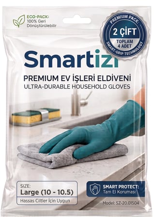 2 Çift Smartizi Bulaşık ve Temizlik Eldiveni (10-10.5 Numara) - Büyük Boy Dayanıklı Doğal