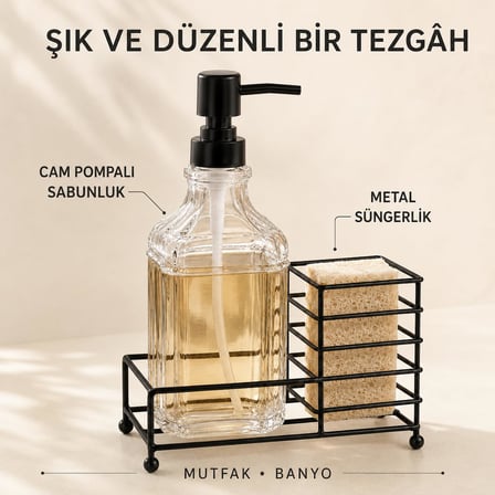 Cam Pompalı Sıvı Sabunluk ve Metal Süngerlik Seti, Siyah Tezgâh Üstü Mutfak Banyo Organizeri