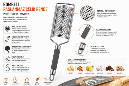 Lexroo Paslanmaz Çelik El Rendesi – Keskin Bombeli Yüzey, Kaymaz Ergonomik Sap