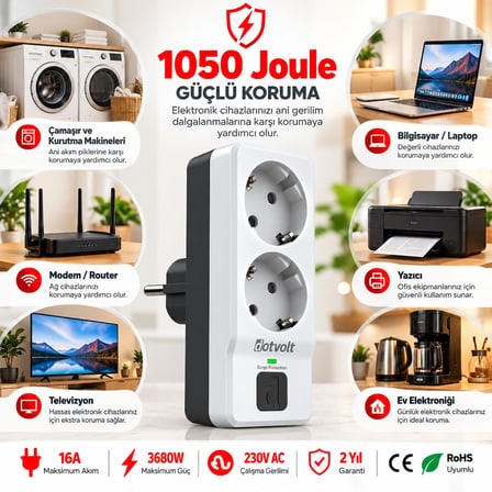 1050 Joule 2'li Akım Korumalı Duvar Tipi Priz