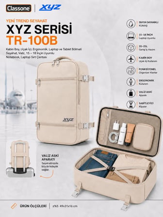 Classone XYZ Serisi TR-100B Kabin Boy,Uçak İçi, Ergonomik, Laptop ve Tablet Bölmeli, Seyahat - Bej