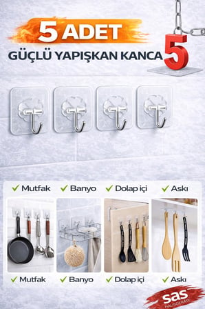 Sas Haus Askı Askılık 5 Adet Güçlü Şeffaf Duvar Askısı Askılığı Yapışkan Vantuz Kanca Mutfak Banyo