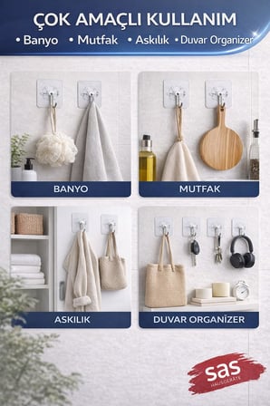 Sas Haus Askı Askılık 5 Adet Güçlü Şeffaf Duvar Askısı Askılığı Yapışkan Vantuz Kanca Mutfak Banyo