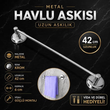 Badem10 Metal Krom Bez Havlu Asma Askısı Aparatı 42 cm Banyo Lavabo Vidalı Askılık Sağlam Askı