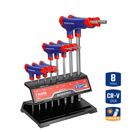WORKPRO WP200542 8 Parça CR-V Top Başlı T Tipi Uzun Profesyonel Allen Anahtar Takımı