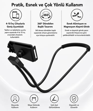 Coverzone Boyuna Takılabilir Esnek Telefon ve Tablet Tutucu 360° Dönebilen Başlık 4-10 İnç