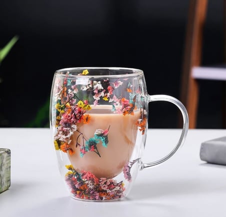 Lexroo Çift Cidarlı Borosilikat Cam, Renkli Kuru Çiçek Tasarımlı, 350 ML Kapasiteli, Kulplu