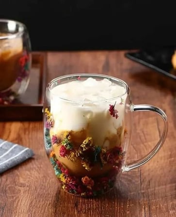 Lexroo Çift Cidarlı Borosilikat Cam, Renkli Kuru Çiçek Tasarımlı, 350 ML Kapasiteli, Kulplu