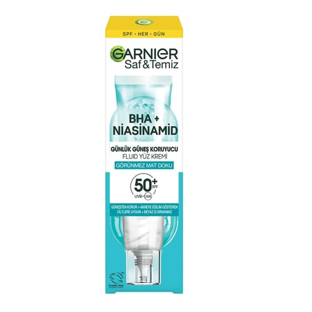 Garnier Saf ve Temiz BHA Niasinamid Günlük Güneş Koruyucu Fluid Yüz Kremi SPF50, 40 ml