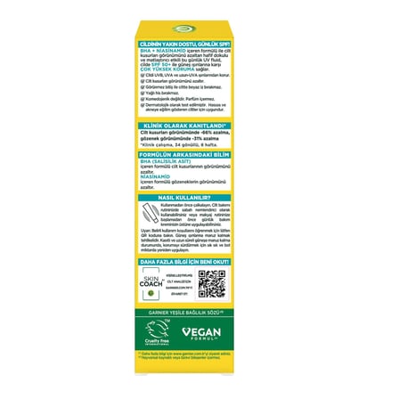 Garnier Saf ve Temiz BHA Niasinamid Günlük Güneş Koruyucu Fluid Yüz Kremi SPF50, 40 ml