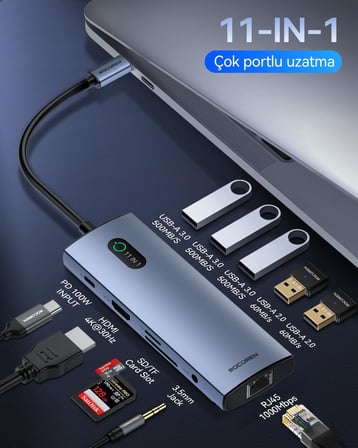 Rocoren 11 Portlu 4K 30Hz HDMI Gigabit Ethernet SD TF Kart Okuyuculu 3.5mm Jack USB Hub Çoklayıcı