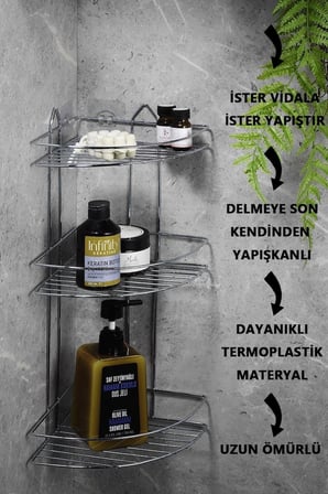 Sas Haus Paslanmaz Krom 3 Katlı Banyo Köşeliği Şampuanlık Köşelik Banyo Rafı Ek-03